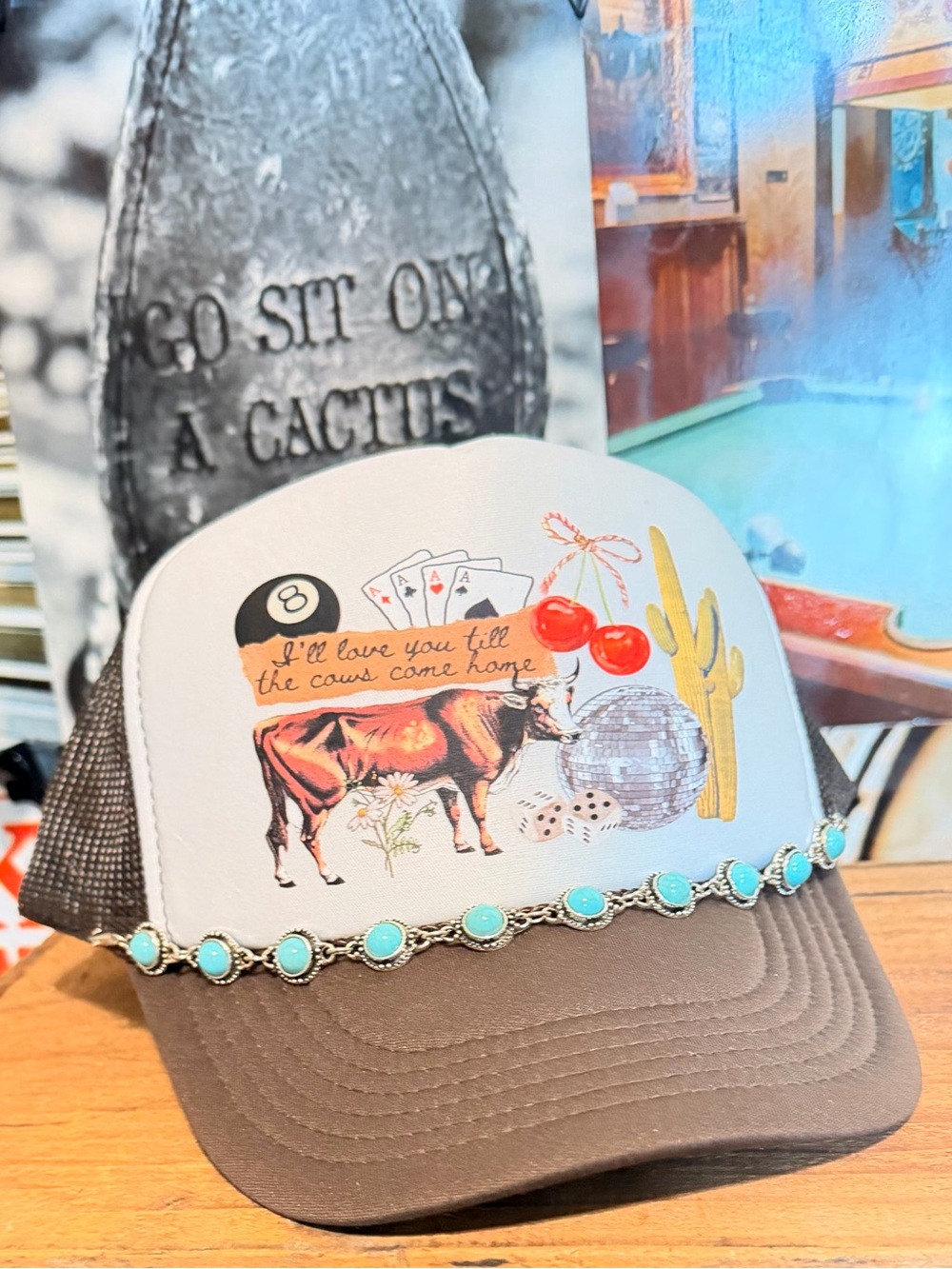 Brown & White Western Graphic Trucker Hat with Turquoise Accent
